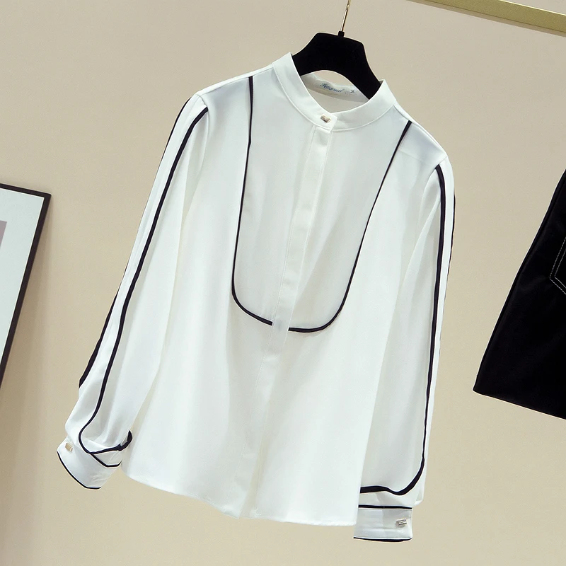 بلوزة قميص نسائية جديدة بأكمام طويلة وياقة واقفة قميص شيفون أبيض بلوزة نسائية بلوزات قمصان Blusas Para Mujer 2025 Q685