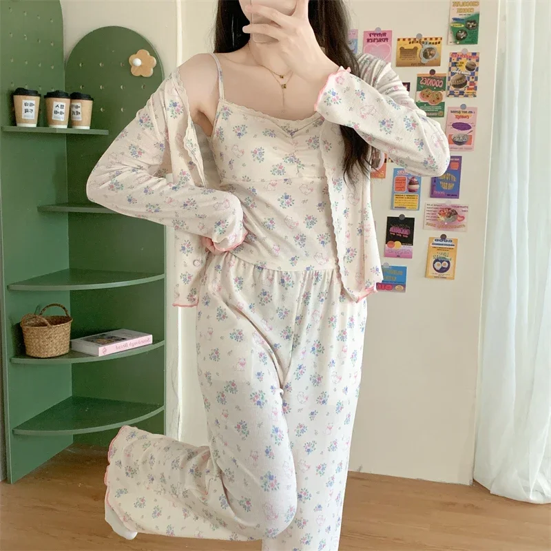 Ensemble de pyjama 3 pièces à fleurs pour femmes, vêtements de nuit rembourrés, doux, doux, mode Ulzzang, salon esthétique, collège, printemps, automne, nouveau