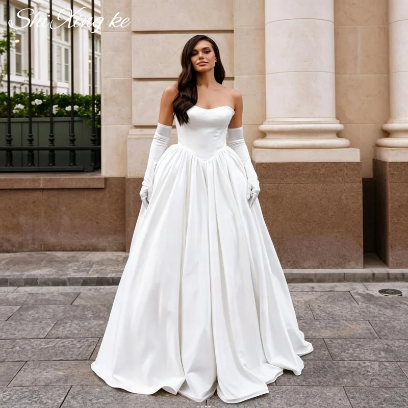 Shi Xing ke Sleek Luxury Satin Wedding Dress Sweetheart Basque Waist Chapel Train Bridal Ball Gown Customized