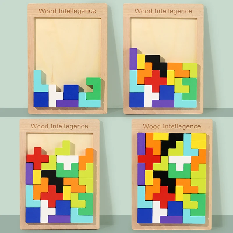 Wooden 3D Puzzles Blocks Brain Teasers Toy Tangram Colorful Jigsaw Game Preschool Educational Gift For Baby Toddlers Kids