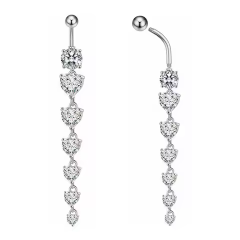 Silver Color Long Pendant Drop Navel Ring With CZ Heart 6-16mm Medical Titanium Curved Barbell 14G Belly Button Piercing Jewelry