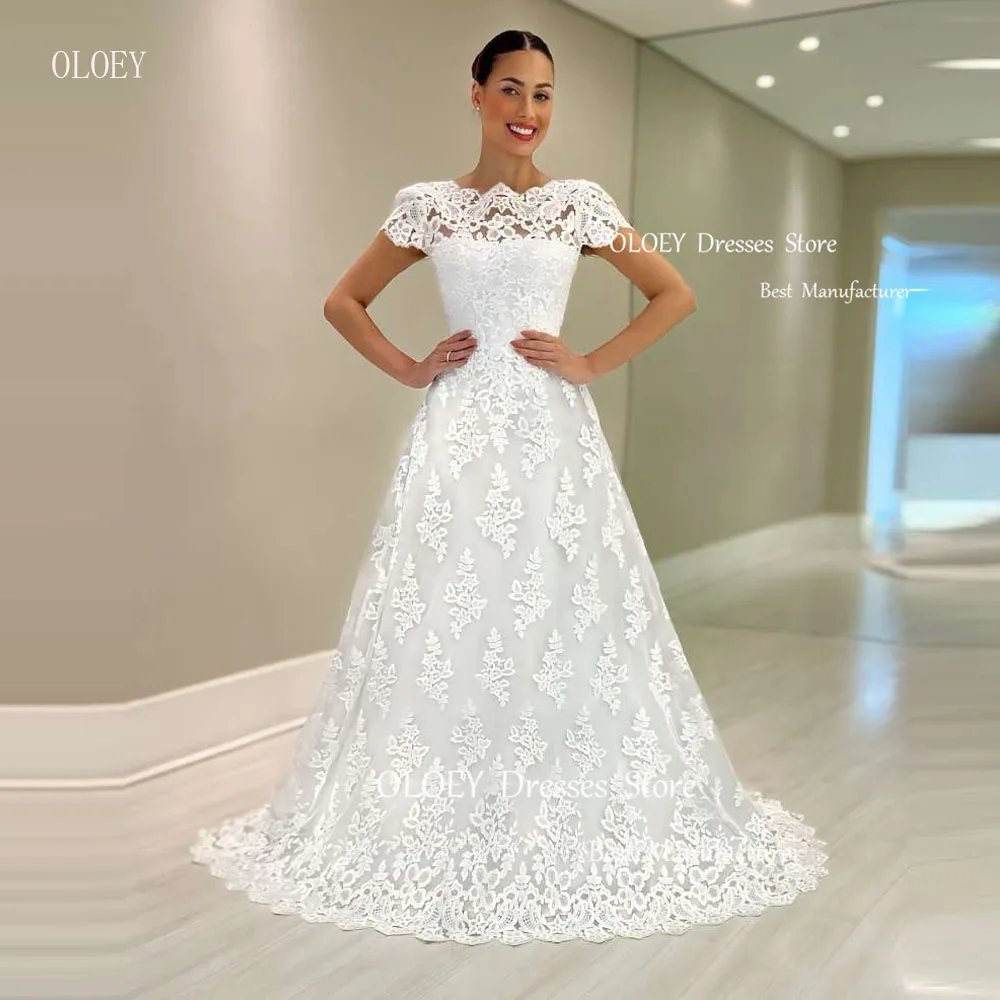 OLOEY Vintage Lace A Line Wedding Dresses Short Sleeves Square Neck Sweep Train Bridal Gowns Arabic Women Robe de mariage