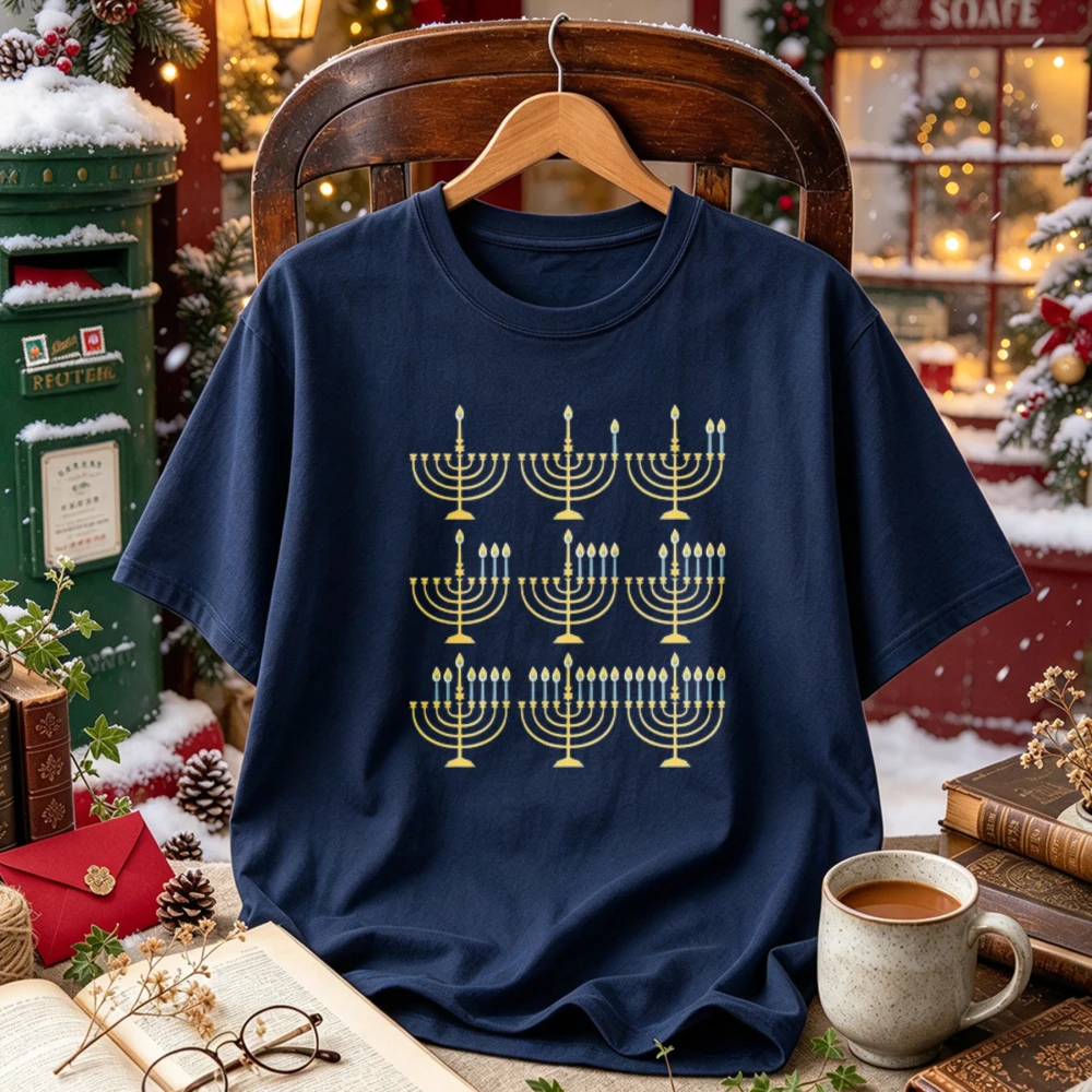 Hanukkah 9 Menorahs Grid Candles Graphic Print Casual Tops Classic Jewish Festival of Lights Holiday Pattern Streetwear T-Shirt