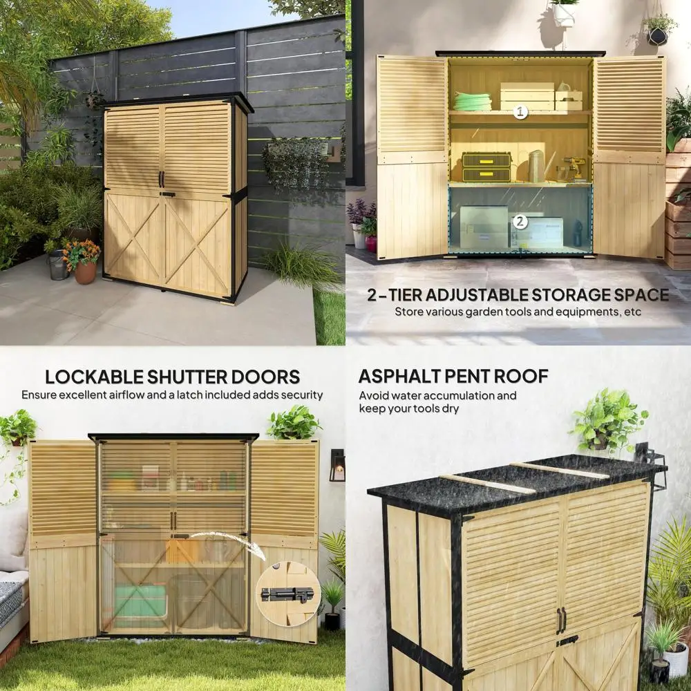 

Деревянный уличный шкаф для хранения с замком, стальной каркасом и крышей асфальта, регулируемые полки для садовых инструментов, натуральная отделка