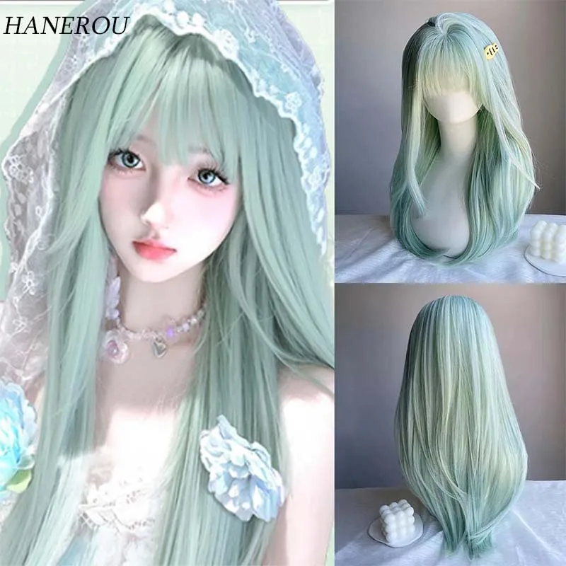 

Long Straight Wig Synthetic Mint Milk Green Wig With Bangs for Women Halloween Cosplay Party Wig