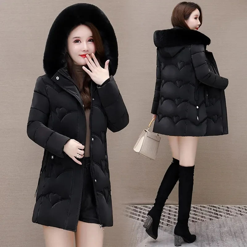 2025 เสื้อแจ็คเก็ตสตรีฤดูหนาวใหม่ Parkas Faux Fur Collar Hooded Jacket หญิงลงเสื้อแจ็คเก็ตผ้าฝ้าย Parka Outwear สุภาพสตรี Overcoat