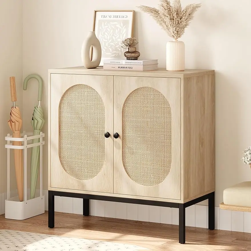 

Buffet Cabinet Rattan Storage Cabinet with Doors and Shelves, Accent Cabinet Sideboard, with Storage Entryway