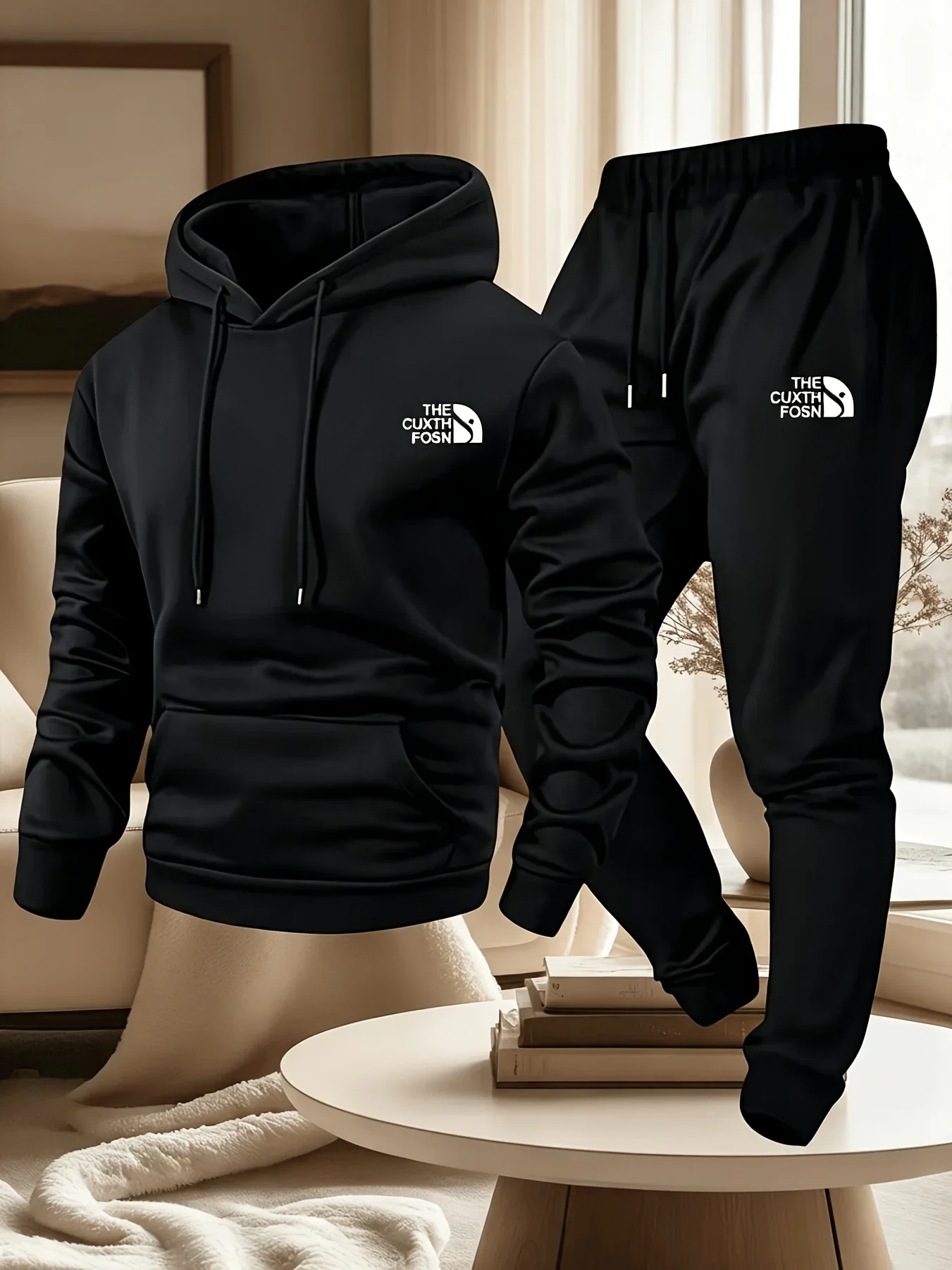 2026 Men 2 Piece Sports Tracksuit Simple Mountain Graphic Print Hoodie + Jogger Pants Casual Loose Autumn Winter Outdoor Outfit