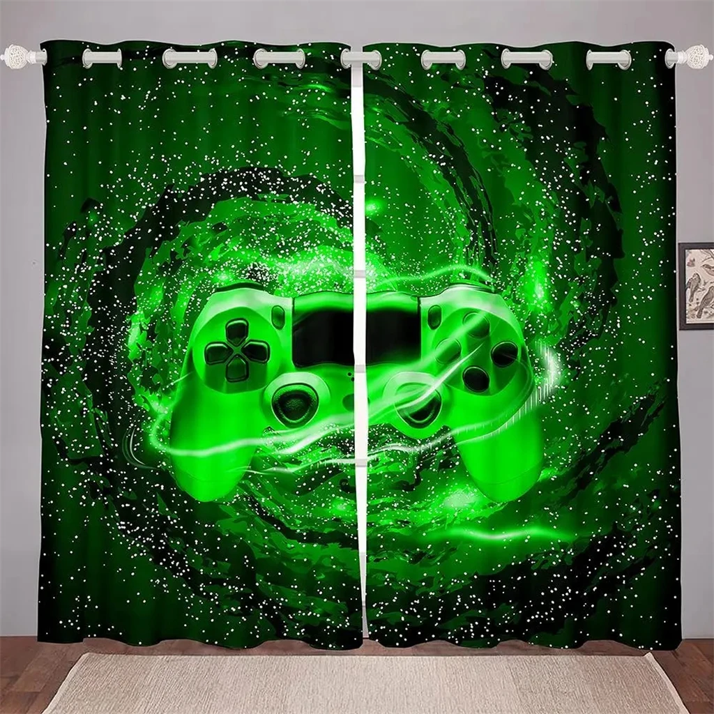 Boys Gamepad Bedroom Curtains Green Tech 2 Panel Men Exclusive Bedroom Living Room Balcony Window Decor