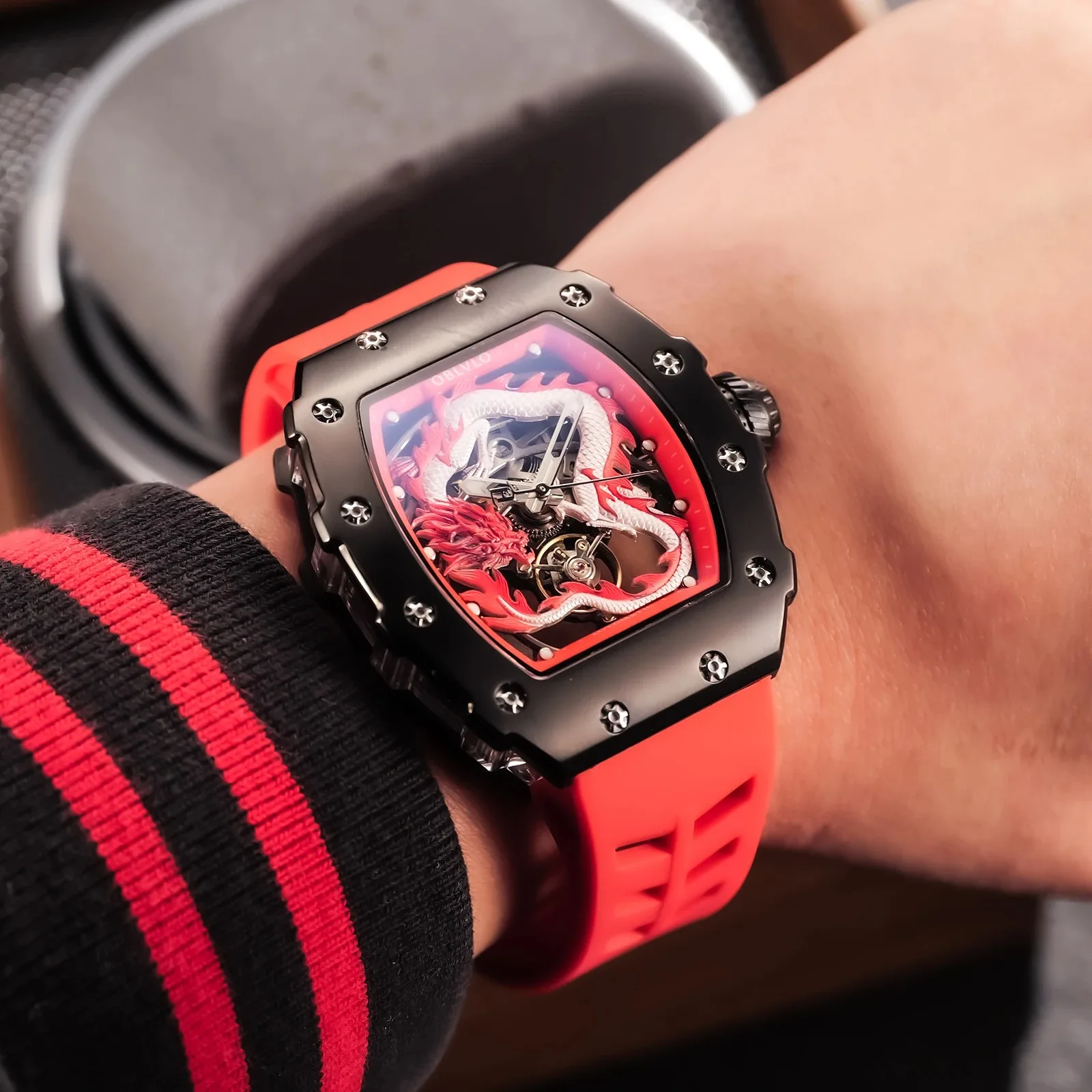 

OBLVLO Men Automatic Watch 46mm Tonneau Mechanical Wristwatch Luminous 50M Waterproof Sapphire Skeleton Dragon Dial