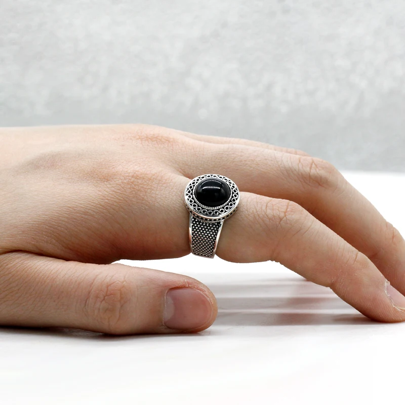 خاتم العقيق الطبيعي للرجال 925 فضة دائري أسود الأحجار الكريمة خمر خاتم المرأة أنيقة Türkiye الفضة والمجوهرات الرائعة