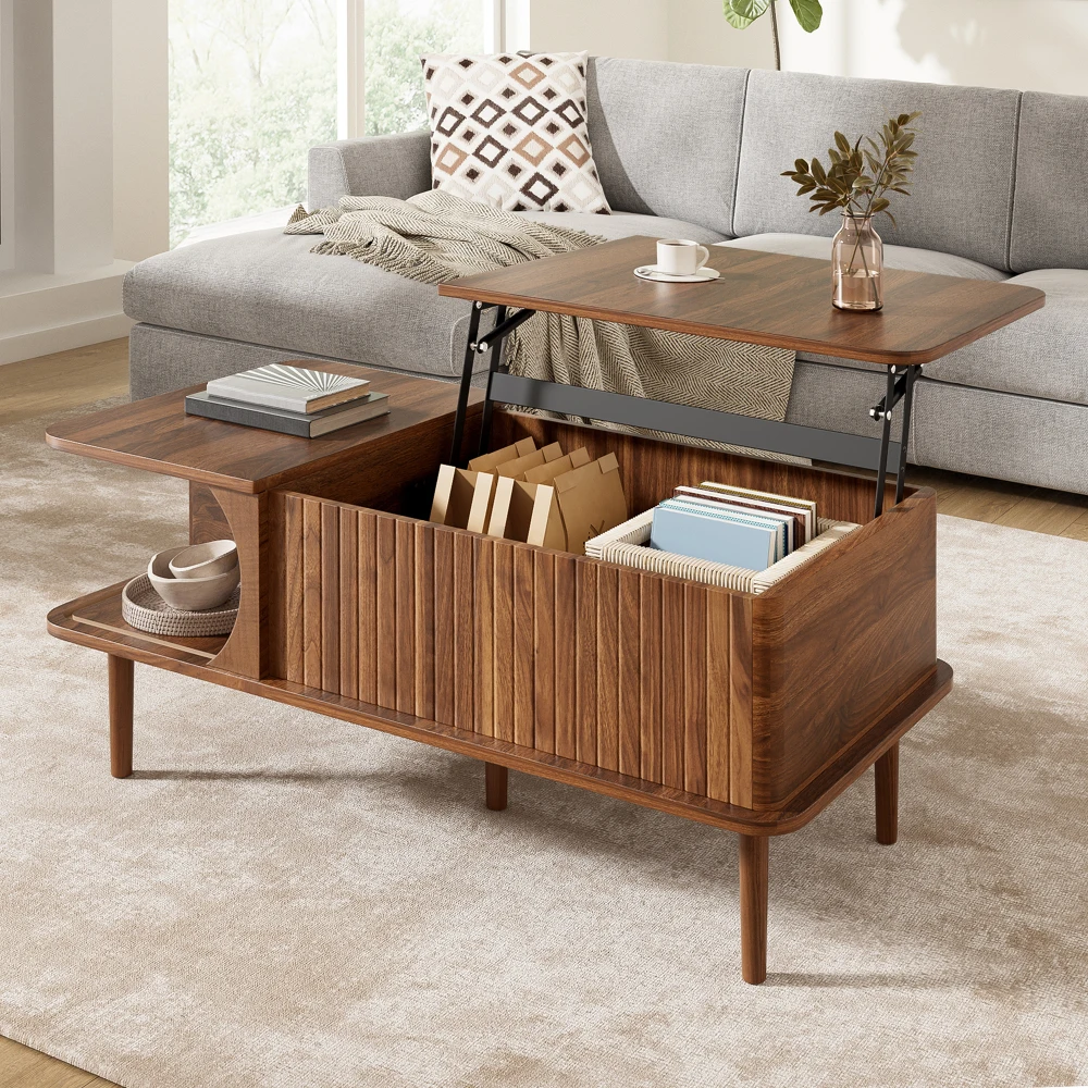 Modern Retro Height Adjustable Living Room Table Sliding Door Vertical Groove Design Multifunctional Storage Coffee Table