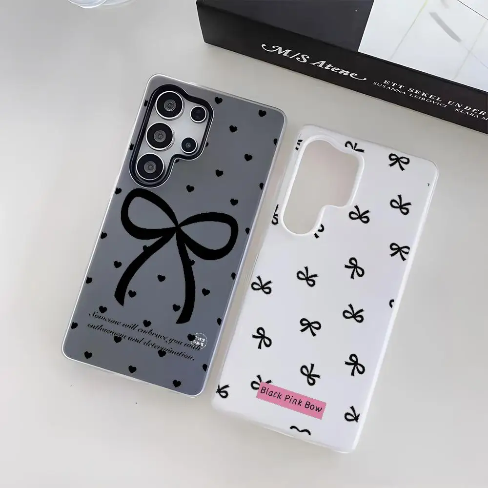 Minimal Black Bow Ribbon Phone Case For Samsung Galaxy S25 S24 S23 Ultra Jelly Clear Case Soft TPU 2-in-1 Shockproof Cover