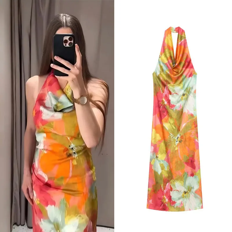 Guobioziy Top 2026 New Style Halter Neck Draped Oil Painting Floral Satin Long Dress Holiday Vibes French Romance