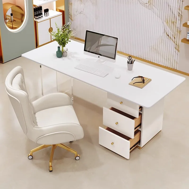 HT High-end consultation room for beauty salons, featuring a rock slab desk and chair set for client meetings and skin analysis