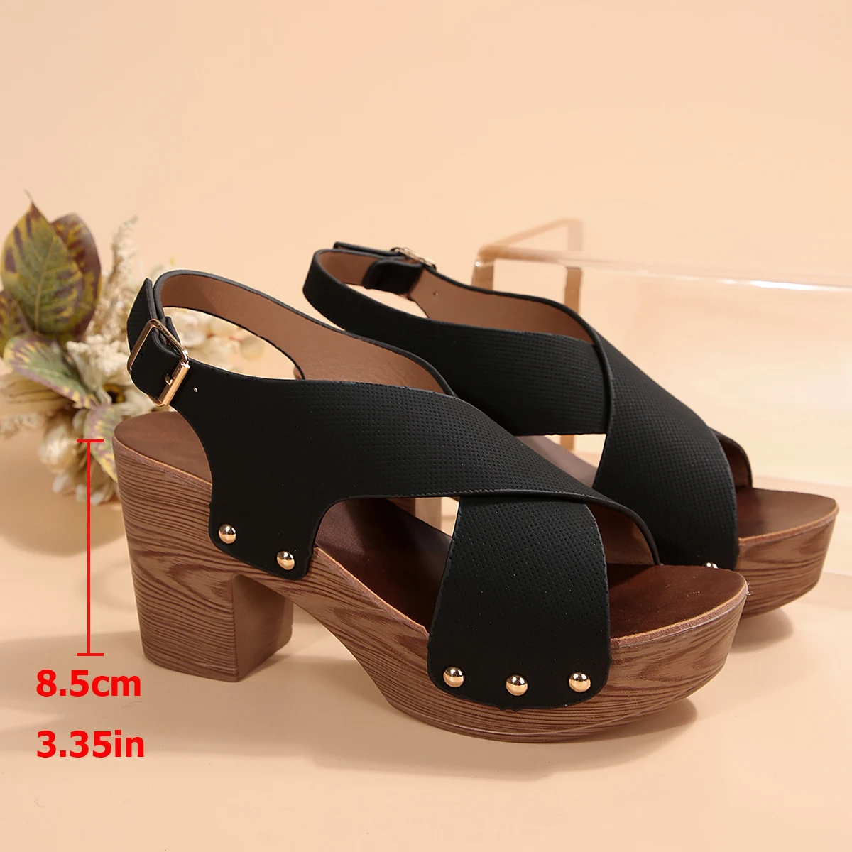 2024 New Women\'s Sandal Platform Heeled Shoes Brown Slingback Shoes Peep Toe Chunky Heel Studded Platform Sandals