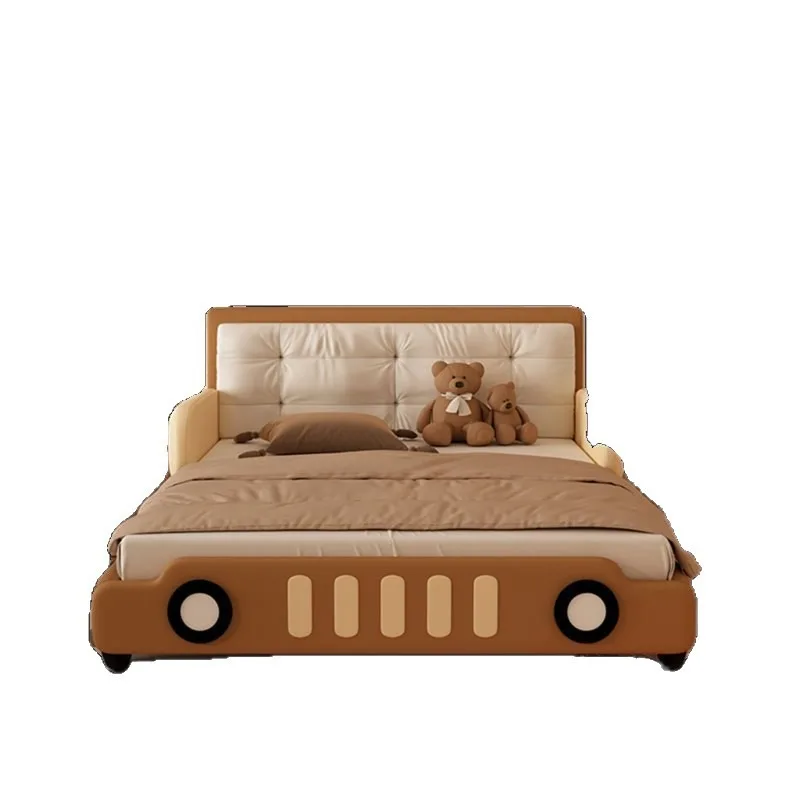 Car bed, solid wood bed for boys with guardrail bed, bedroom for primary school students 1.5M suspended simple boys