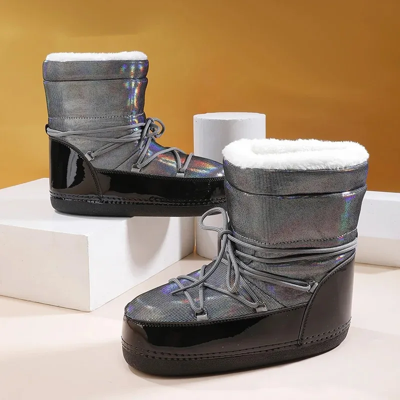 Winter Bigger Size Thickened Plush Women's Space Boots Mid Length Ladies Skiing Boots Waterproofs Bigger Fashion Shoes