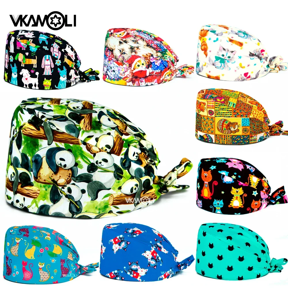 cute Cats dogs and pandas print scrubs Caps Unisex Breathable pet grooming nursing Health service work hats operating room hats