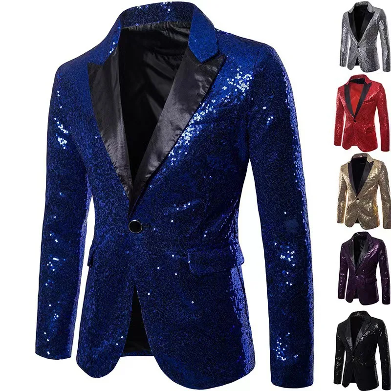 

New Men Luxury Sequin Suit One Button Jacket Red / Black Fashion Singer Host Wedding Prom Party Stage Performance Dress Blazer