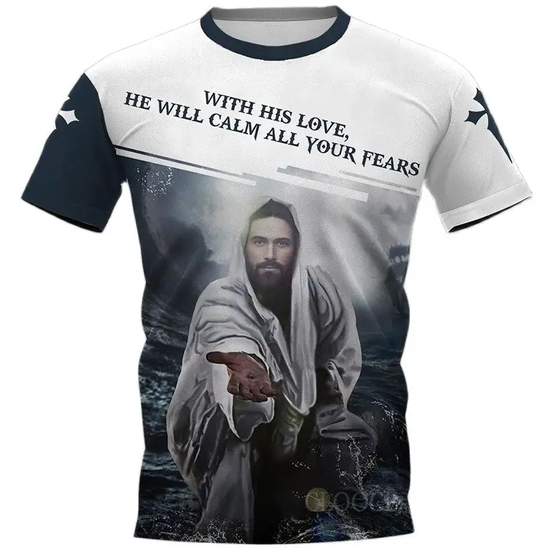 Men\'s Vintage T-shirt 3d Christ Jesus Print Harajuku Street Apparel Summer Quick Dry Large Prayer Unisex Short Sleeve Top