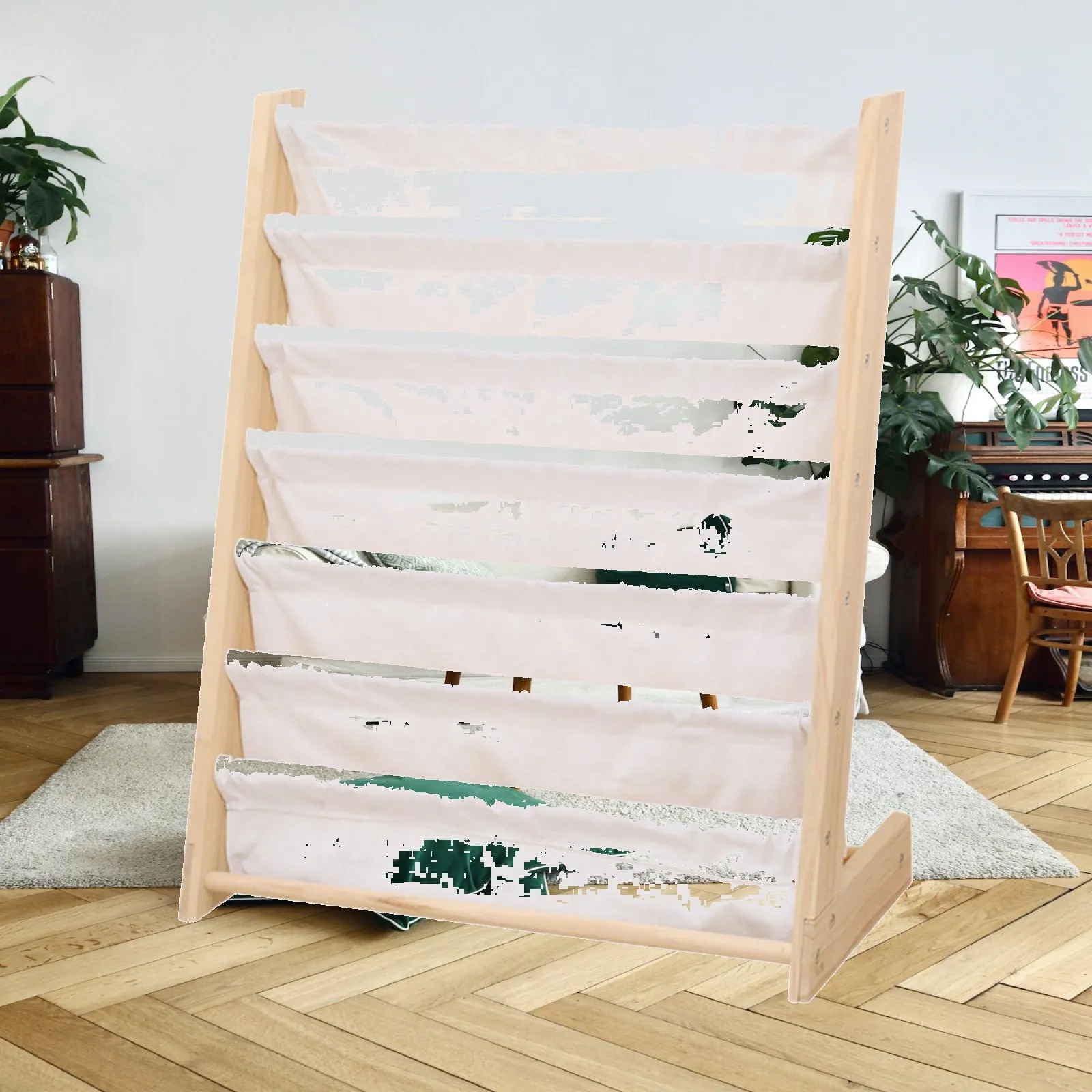 Children Book Rack Storage Bookcase Picture Book Kid Sling Bookshelf Wood