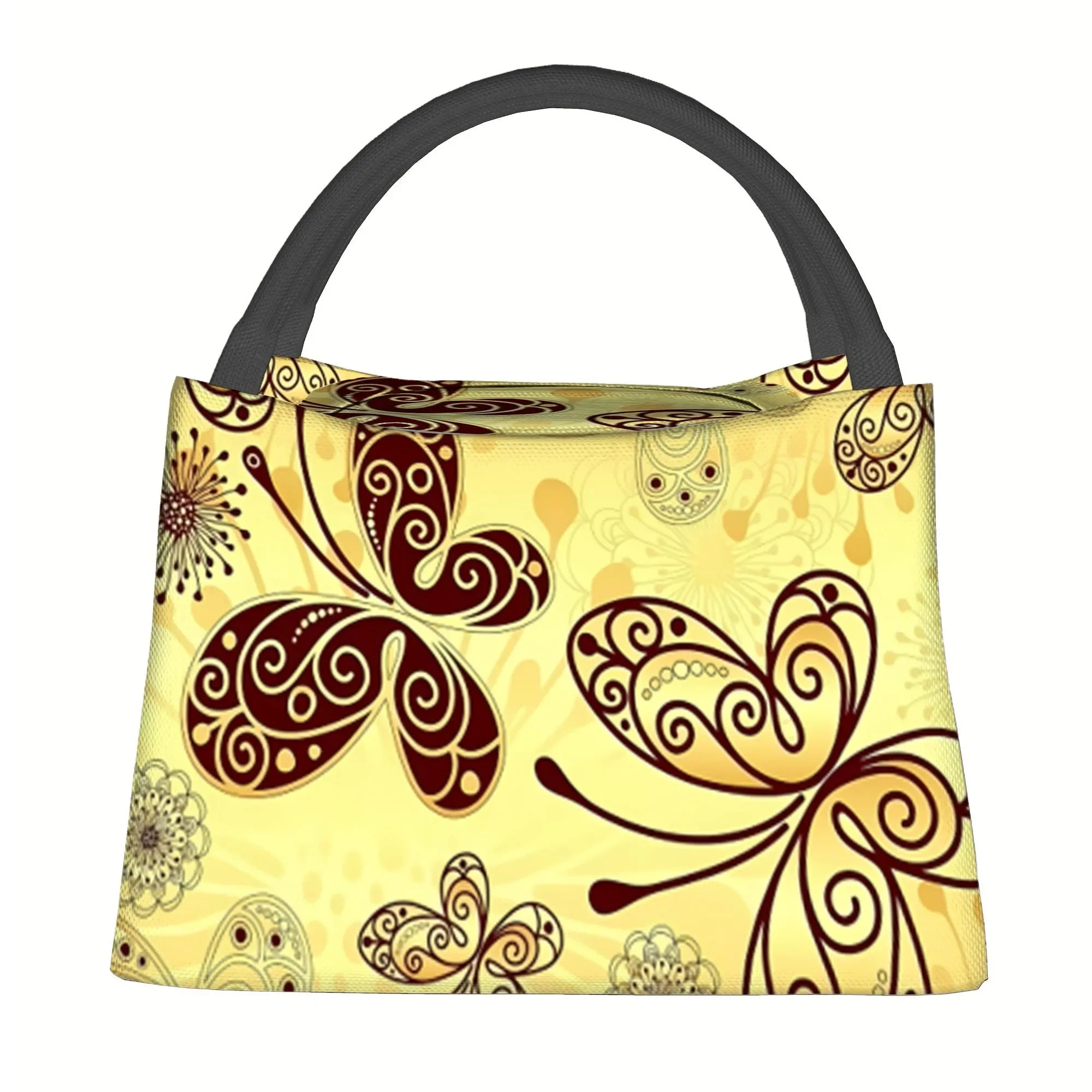 Golden Butterfly Pattern Insulated Tote Bag Portable Reusable Thermal Lunch Bag for Office Picnic Unisex