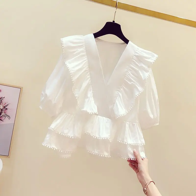 Women Stylish Ruffles Lace Patchwork Blouses Elegant Chic Sweet Slim Chiffon Shirts Female Casual White V Neck Short Sleeve Tops