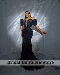 Elegant Black Aso Ebi Mermaid Evening Dress Beads Crystal Diamonds Glitter Birthday Prom Wedding Party Gowns Vestidos