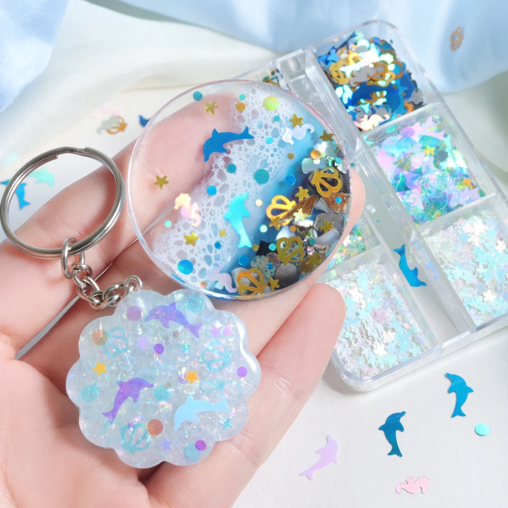 Blue Ocean Sequins Resin Mold Filling Dolphin Seahorse Starfish Glitter Flakes DIY Decoration Resin Keychains Making Accessories