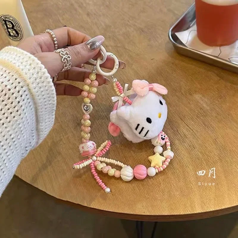 Sanrio Cute Keychain Anime Figure Hello Kitty Music Chain Creative Beaded Lane Phone Chain Backpack Lanyard Kawaii Girl Gift