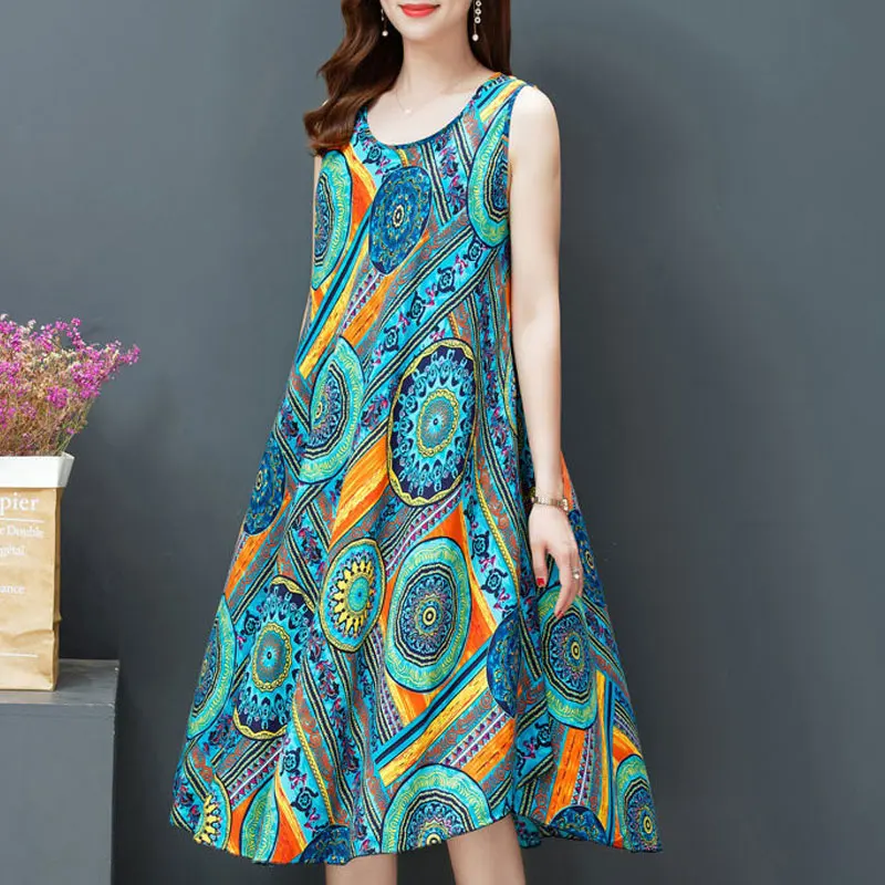 Beach Style Folk Floral Printed Sundress Women\'s Clothing Vintage Loose A-Line Summer Sleeveless Casual Round Neck Midi Dress