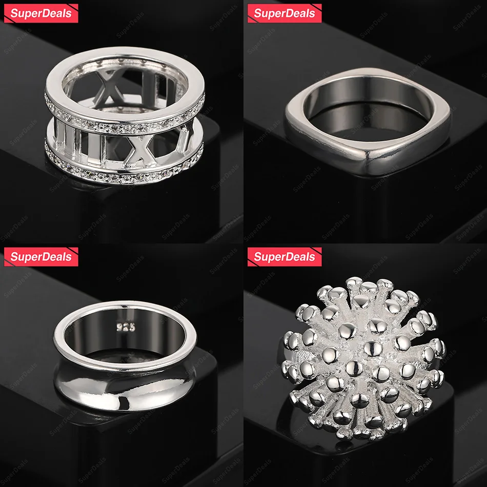 

SuperDeals 925 Sterling Silver Roman Numeral Flower Square Round Ring Women Birthday Party Fashion Charm Jewelry Holiday Gift