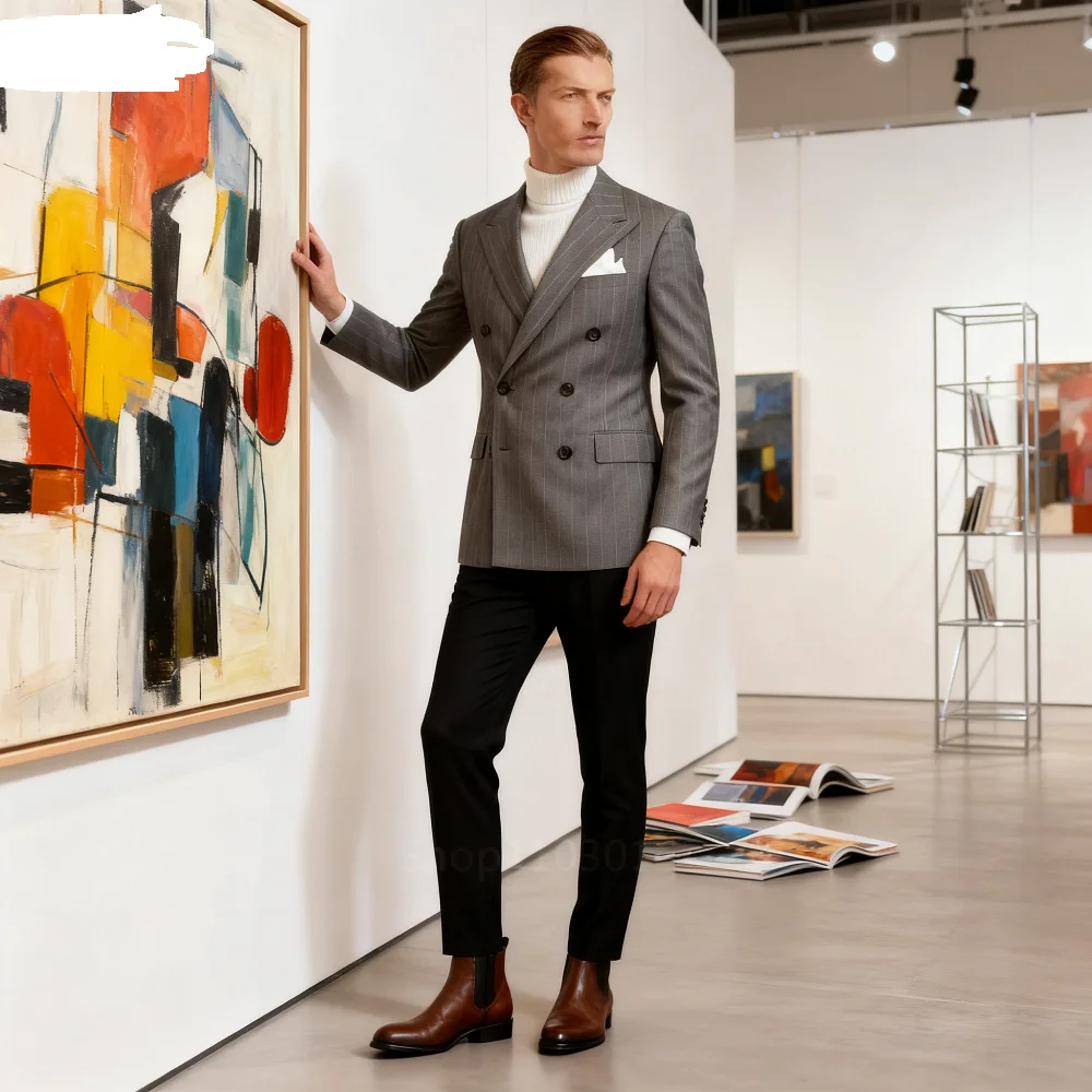 

Blue Striped Double Breasted Fitted Smocking Novo Design Best for Men Wedding Tuxedo 2 Piece Foam Padded Smooth Tailored Look