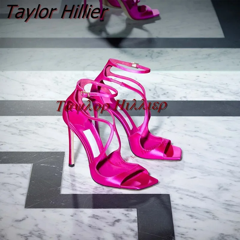 2023 Summer New Taro Purple Satin High Heels Stiletto Open Toe Sandals Square Toe Buckle Strap Sexy All-Match Women'S Shoes 45