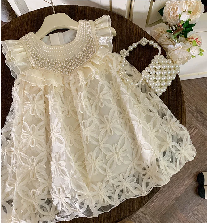 Retail New Baby Girls Fairy Boutique Beading Lace Flower Dress, Princess Kids Sweet Party Birthday Dress Holiday   2-7 T