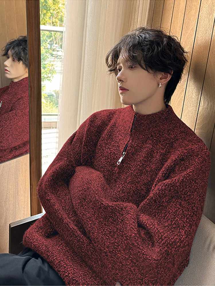 

Красный змеиный год полузастежка вязаный свитер мужской весенне-осенний повседневный свободный крой удобный полиэстер нейлон Long Sve Crew Ne