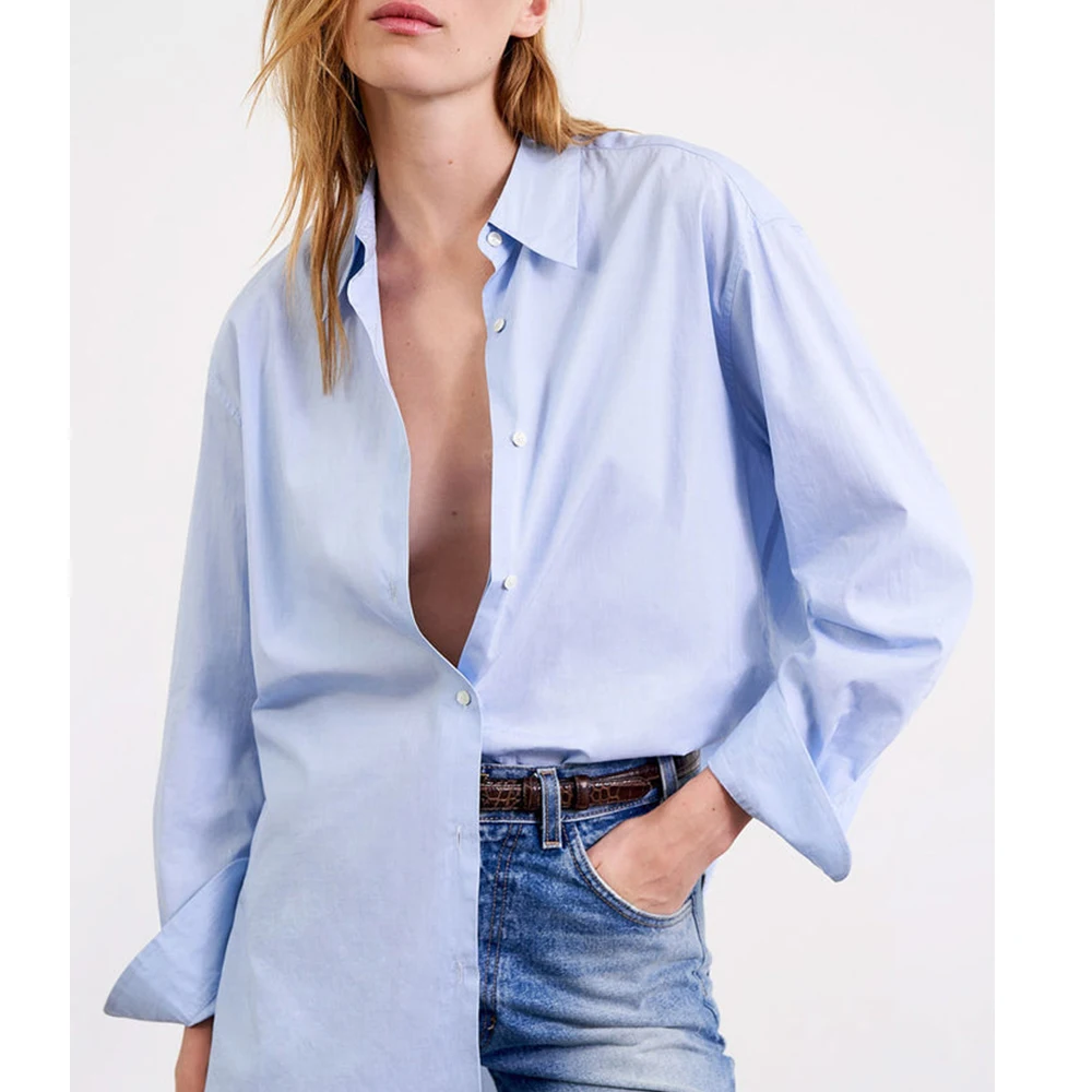 

Europe and America's top women's traf commuting sexy solid color French street casual loose comfortable top shirt design feels s