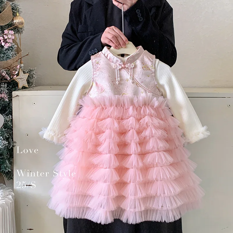 

Girls' Autumn and Winter Sweet Cute Dress Children's Fleece-Lined Base Layer National Style Printed Fleece-Lined Dress Two-Piece