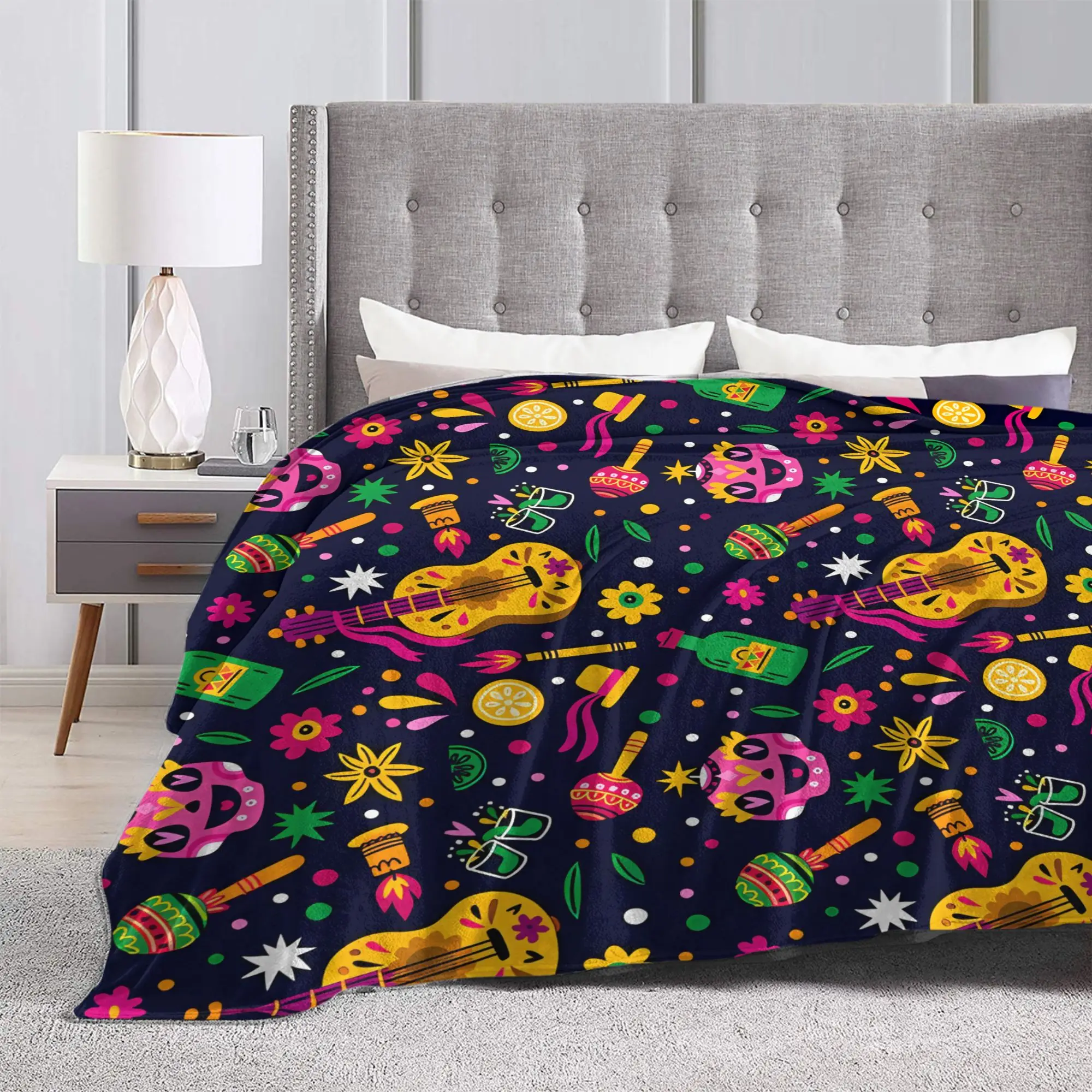 Warm BlanketChild Camping Colorful Skull Guitar Floral Bedding Throws  Flannel Bedspread For Outdoor Novelty Sofa Bed Cover