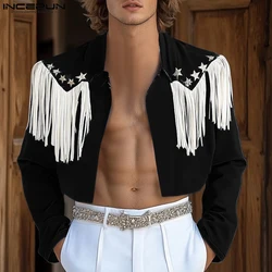 INCERUN Handsome Men's Tops Stylish Tassel Star Pattern Shirt Sexy Leisure Male Cropped Long Sleeved Lapel Cardigan Blouse S-5XL
