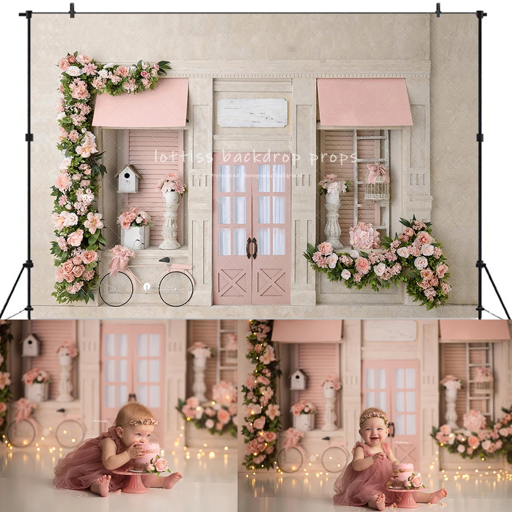 AliExpress lottiss Spring Floral Store Front Backdrops Kids Baby Cake Smash Photocall Decors Child Adult Photo Garden Bicycle Backgrounds