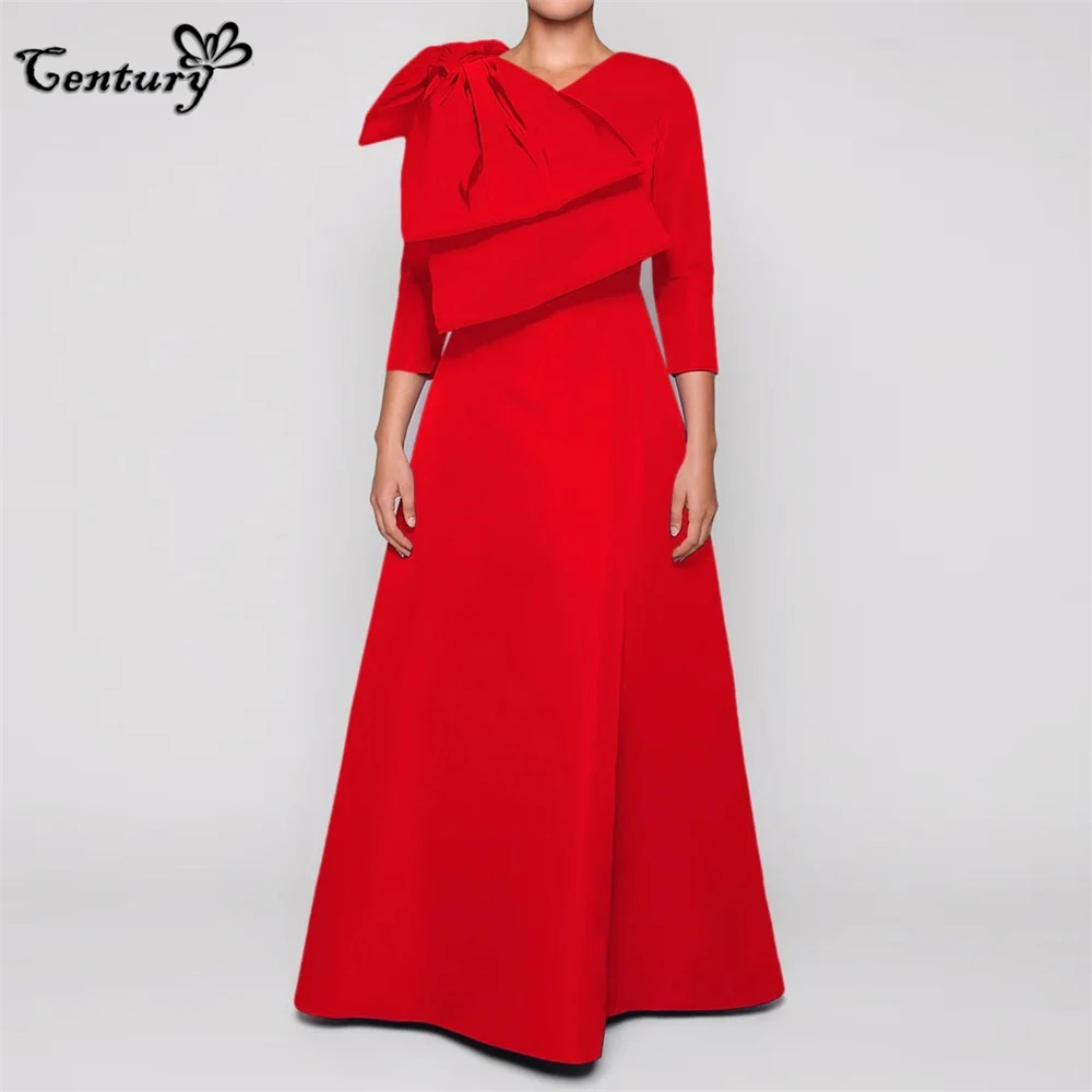 Red Prom Dress for Women Big Bow 3/4 Long Sleeve A-Line Satin Formal Occasion Dresses Evening Party Gowns Long  Customized