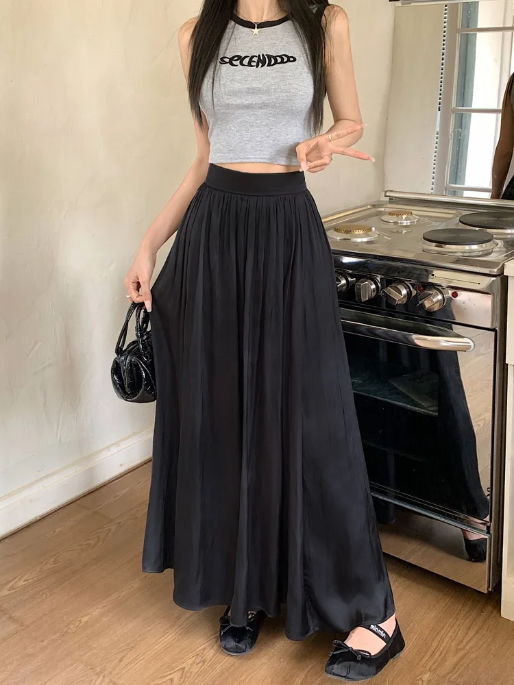

Summer Black Elegant Holiday Pleated Skirt French Fashion White High Waist Sexy Long Skirts For Women Simplicity Streetwear chic