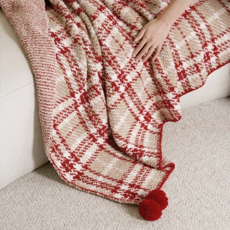 Half-Pile Checkered Throw Blanket All-Season Pom-Pom Blanket Red Skin-Friendly Sofa Throw Nap Blanket