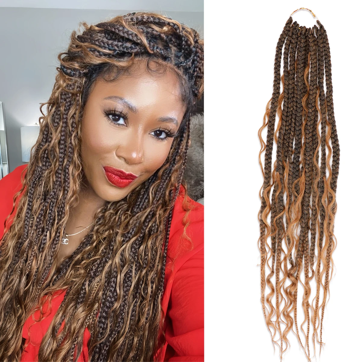 

24 Inch Ombre Goddess Bohemian Synthetic Box Braids Crochet Hair Extensions with Curly Ends for Women