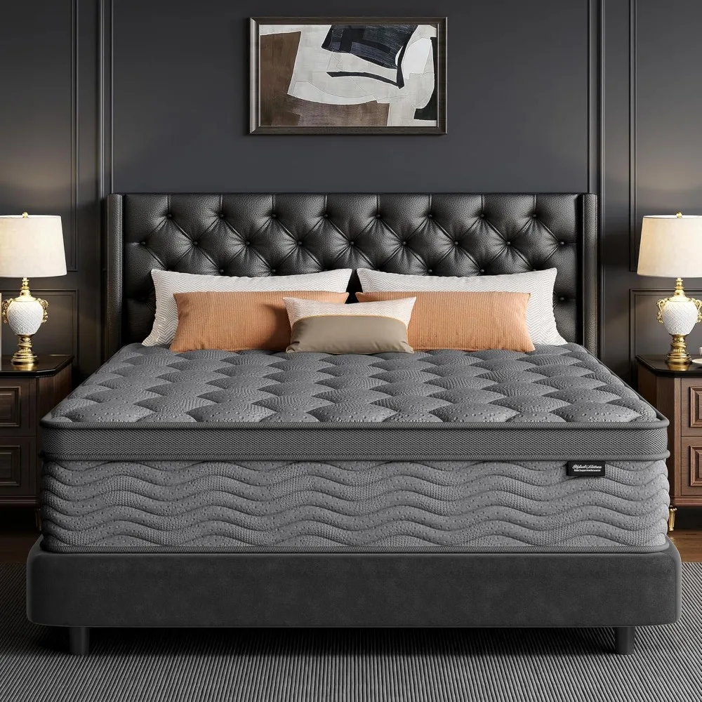 Colchón, colchón híbrido, espuma viscoelástica de gel y bobinas de bolsillo, sin fibra de vidrio, transpirable, alivio de presión, firmeza media