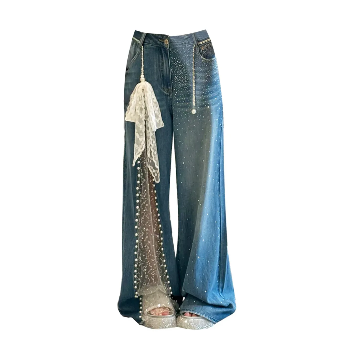 Women Lace Denim Patchwork Jeans 2026 Summer Women's Plus Size Lace Pearl Washed Jeans Street Rhinestone Wide Leg Denim Pants