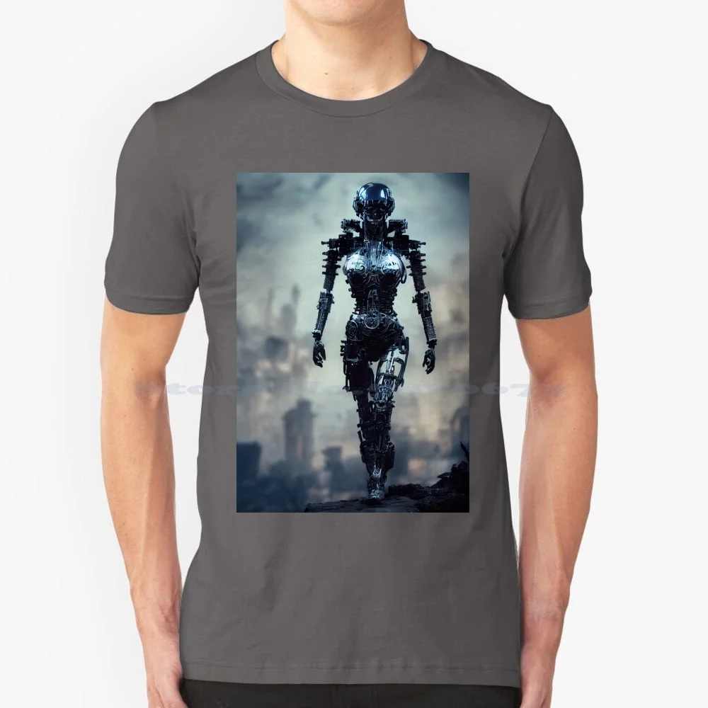 A Female Terminator In A Post-Apocalyptic World. T Shirt 100% Cotton Tee 3d Illustration Ai Alien Artificial Astronaut Bionic