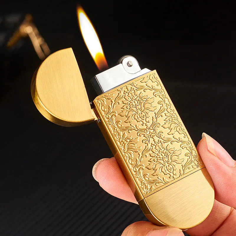 Vintage Metal Rich Flower Relief Lighter Windproof Butane Grinding Wheel Round Head Lighter for Men Portable Smoking Tools